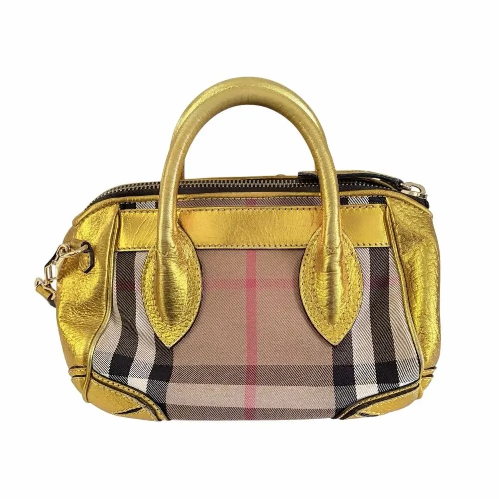Burberry Prorsum Metallic Gold House Check Leather Bowling Bag w/ Lock & Key COA